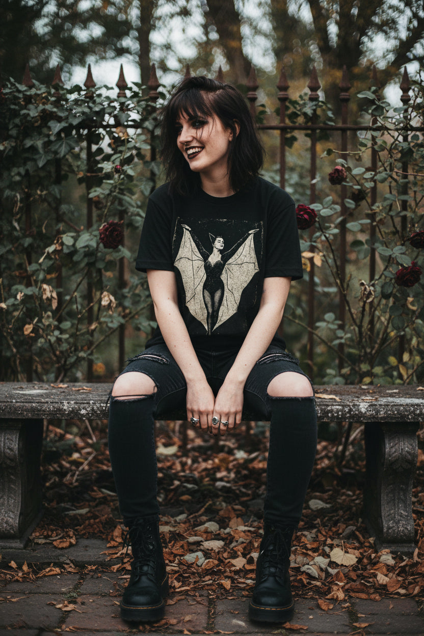 Bat Lady Goth Shirt Model Seated Gildan 5000 Tee