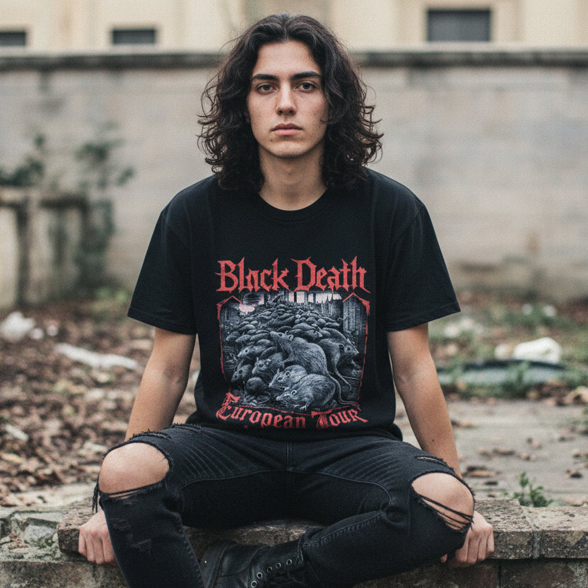 Black Death Tour Shirt Model Seated Gildan 5000 Tee