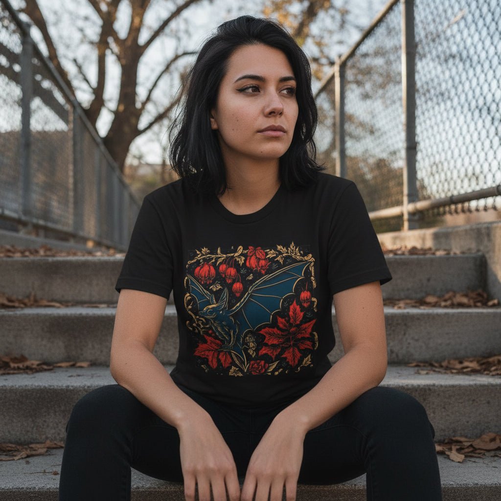 T-Shirt - Bat and Holly Goth Shirt | Light Fitted - Unisex Bella+Canvas 3001 | Bats, Christmas | Goth/Gothic from Crypto Zoo Tees