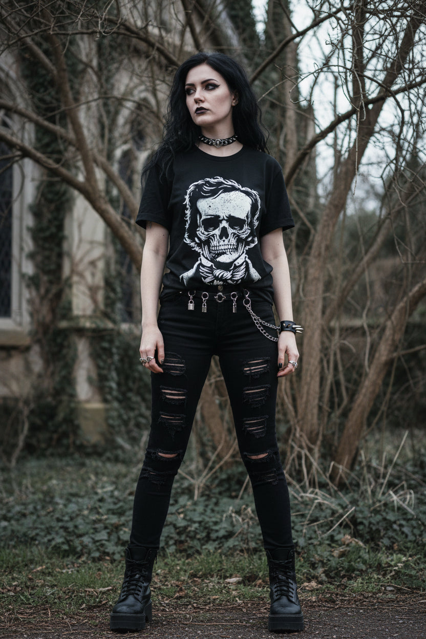 T-Shirt - Edgar Allan Poe Skull Shirt - Soft Cotton T-Shirt - Classic Horror Author Tee from Crypto Zoo Tees