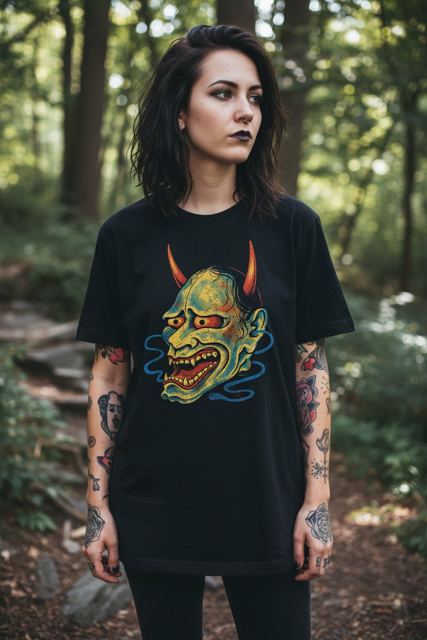 T-Shirt - Japanese Oni Mask Shirt | Light Fitted - Unisex Bella+Canvas 3001 | Art & Artists, Horror | Goth/Gothic, Punk from Crypto Zoo Tees
