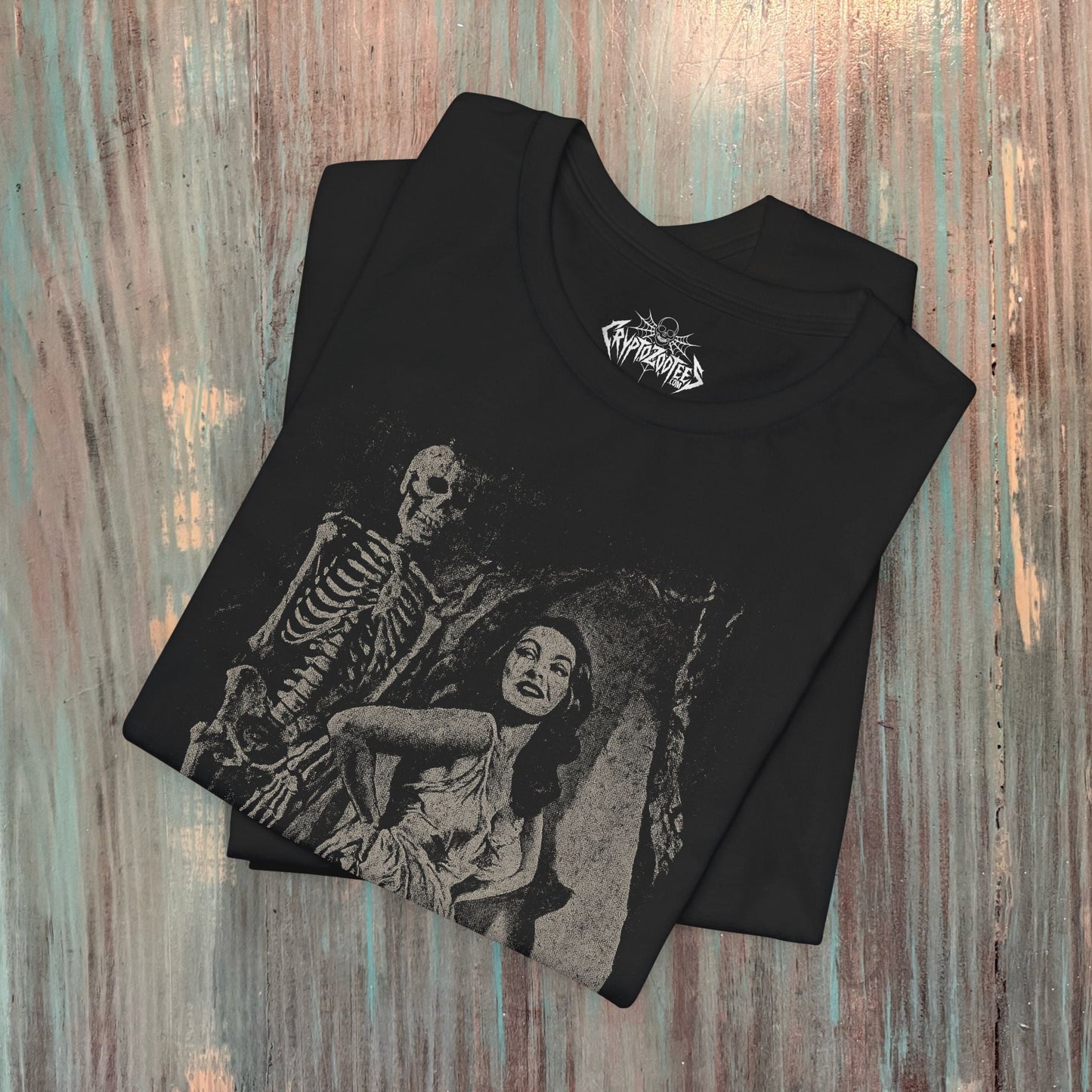 T-Shirt - Pin - Up Skeleton Babe | Unisex T-shirt (Bella+Canvas 3001) | Horror, Skulls & Skeletons | Goth/Gothic, Rockabilly from Crypto Zoo Tees