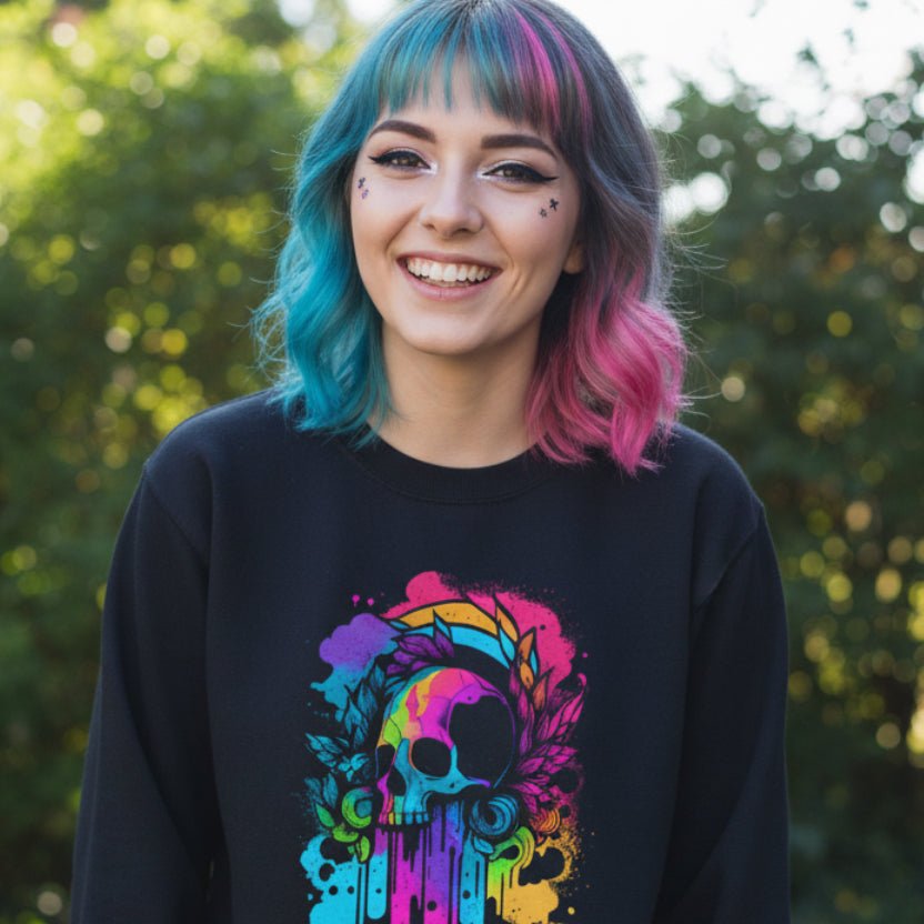 Sweatshirt - Rainbow Skull Crewneck | Skulls & Skeletons | Unisex Crewneck Sweatshirt - Gildan 18000 from Crypto Zoo Tees