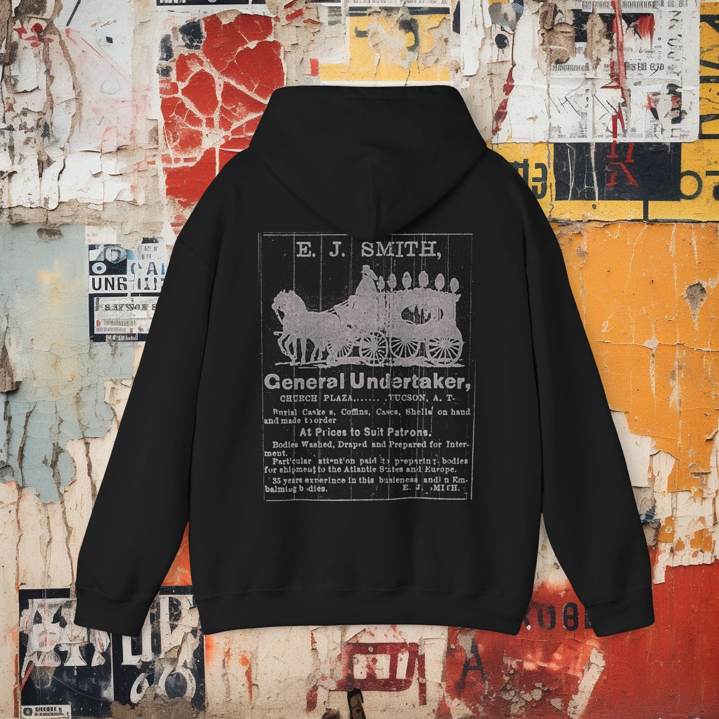 Hoodie - Undertaker Vintage Ad Hoodie | Single Sided Pullover Hoodie | Dark Humor, Horror | Goth/Gothic from Crypto Zoo Tees