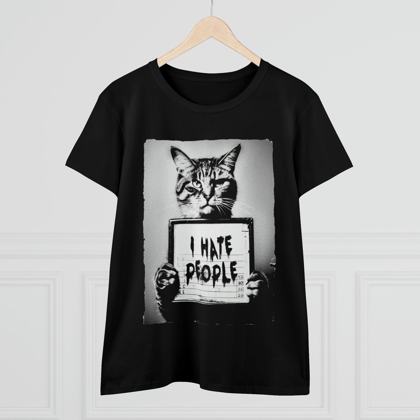 T-Shirt - Mugshot of a Grumpy Cat Holding a Sign That Says "I Hate People" - Ladies Cut T-shirt - Punk Goth - 2 Colors Available from Crypto Zoo Tees
