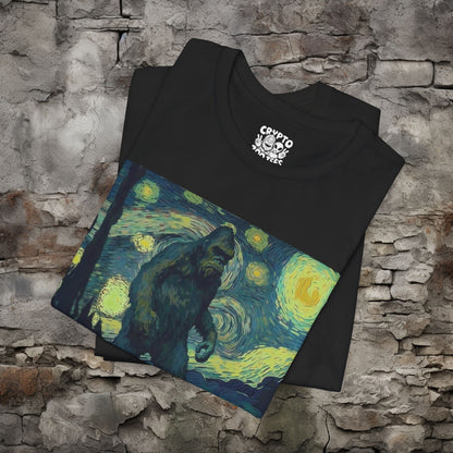 Bigfoot Van Gogh Tee - Funny Cryptid Art T-Shirt, Starry Night Bigfoot Graphic Tee, Unisex Quirky Shirt, Unique Gift for Art and Bigfoot Fans