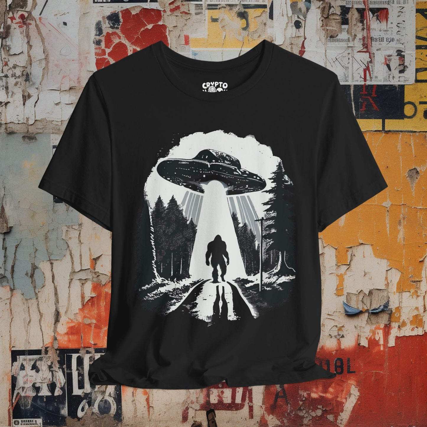 Bigfoot with UFO Tee - Funny Cryptid T-Shirt, Bigfoot and UFO Graphic Tee, Unisex Alien Lover Shirt, Unique Gift for Sci-Fi and Bigfoot Fans