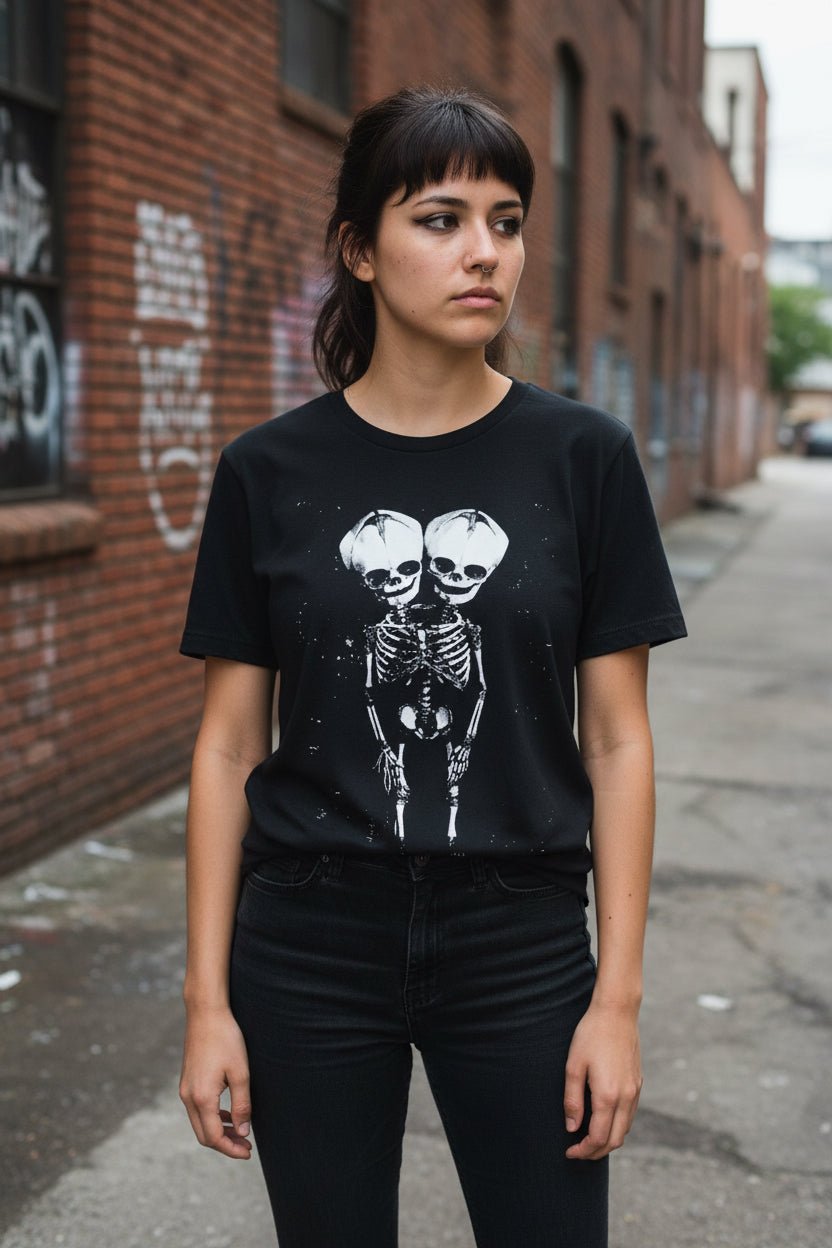 T-Shirt - 2 Headed Skeleton | Light Fitted - Unisex Bella+Canvas 3001 | Skulls & Skeletons | Goth/Gothic, Punk from Crypto Zoo Tees
