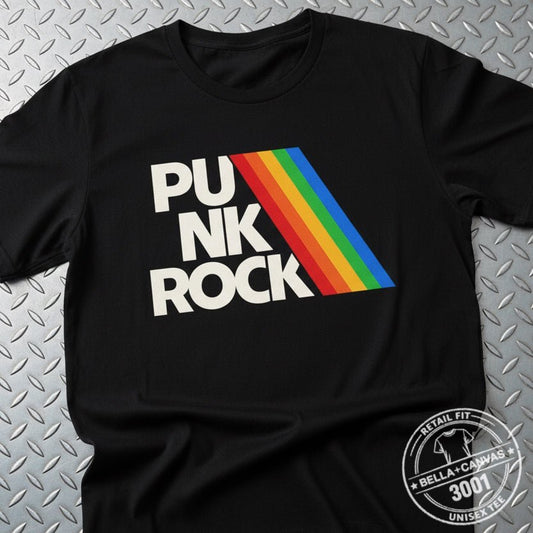 Punk Rock Shirt - Fitted Tee - Bella+ - Rainbow T-Shirt Retro Music Black Tee Vintage Band Style Shirt Classic Rock Gift For Punk Fans