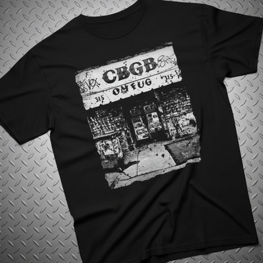 CBGB Storefront Punk Shirt Flat Lay Gildan 5000 Heavy Cotton