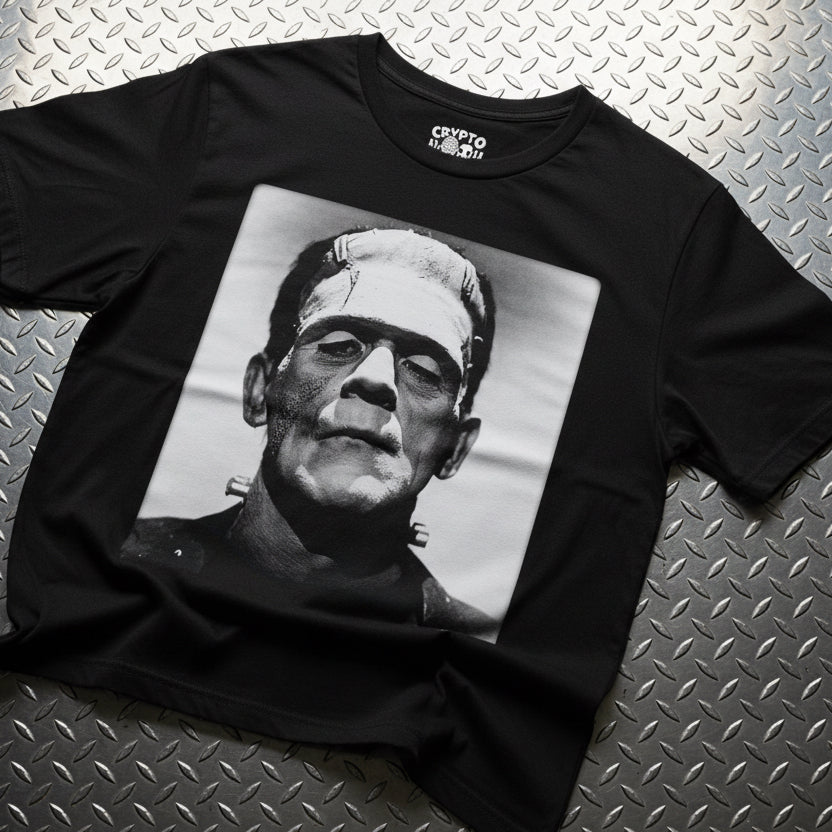 Frankenstein Karloff Retro Horror Gildan 5000 Flat Lay