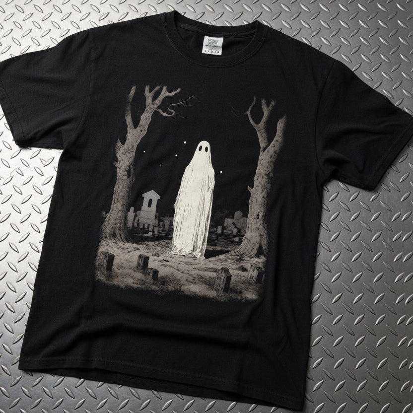 Ghost in Cemetery Halloween Horror Gildan 5000 Flat Lay