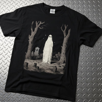 Ghost in Cemetery Halloween Horror Gildan 5000 Flat Lay