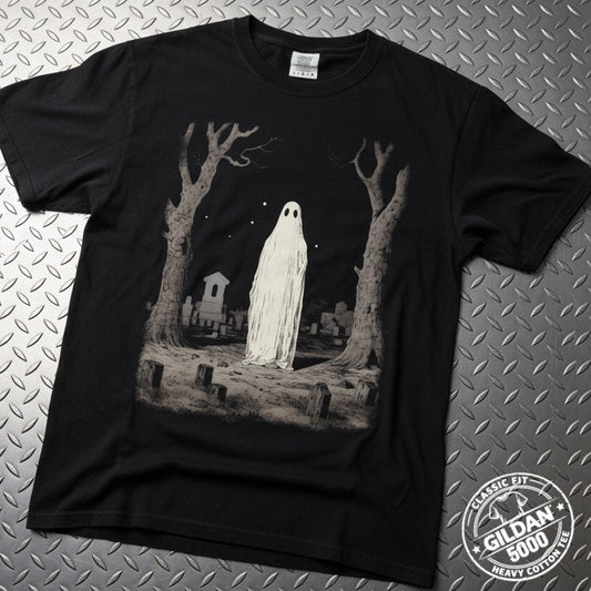 Ghost in Cemetery | Unisex Heavy Cotton - Gildan 5000 | Halloween, Horror | Goth/Gothic