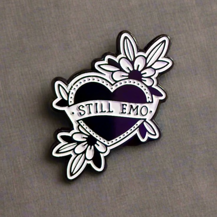 Still Emo Black Heart Pinback Button | Pinback Button | Funny, Goth/Gothic | Emo Aesthetic