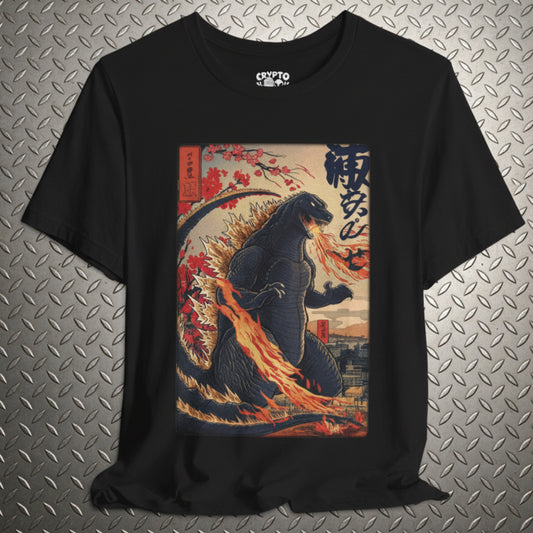 Japanese Godzilla Woodblock Style Bella Canvas 3001 Flat Lay