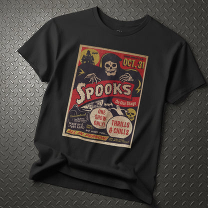 Spooks On Stage Halloween Retro Gildan 5000 Flat Lay