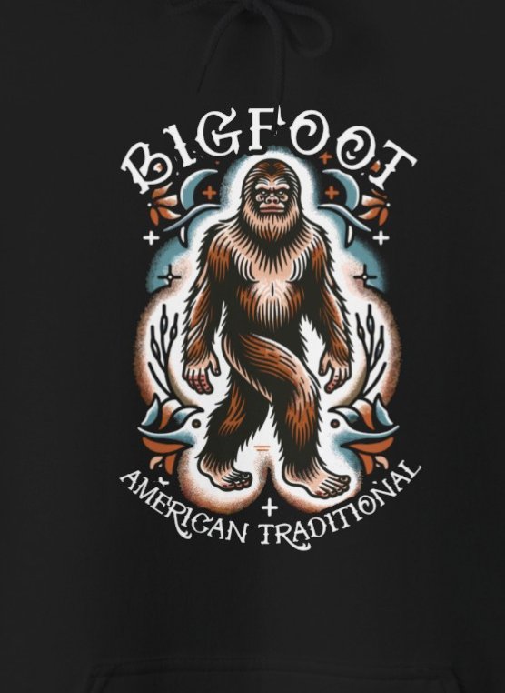 Hoodie - American Traditional Bigfoot Hooded Sweatshirt | Old School American Traditional Tattoo Style Sasquatch | Unique Tattoo Art Apparel from Crypto Zoo Tees