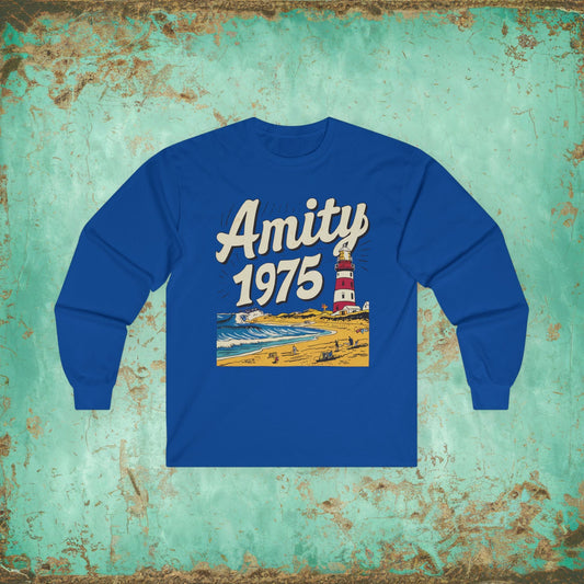 Long - sleeve - Amity 1975 Jaws Inspired Long Sleeve Tee | Retro Horror Shirt from Crypto Zoo Tees