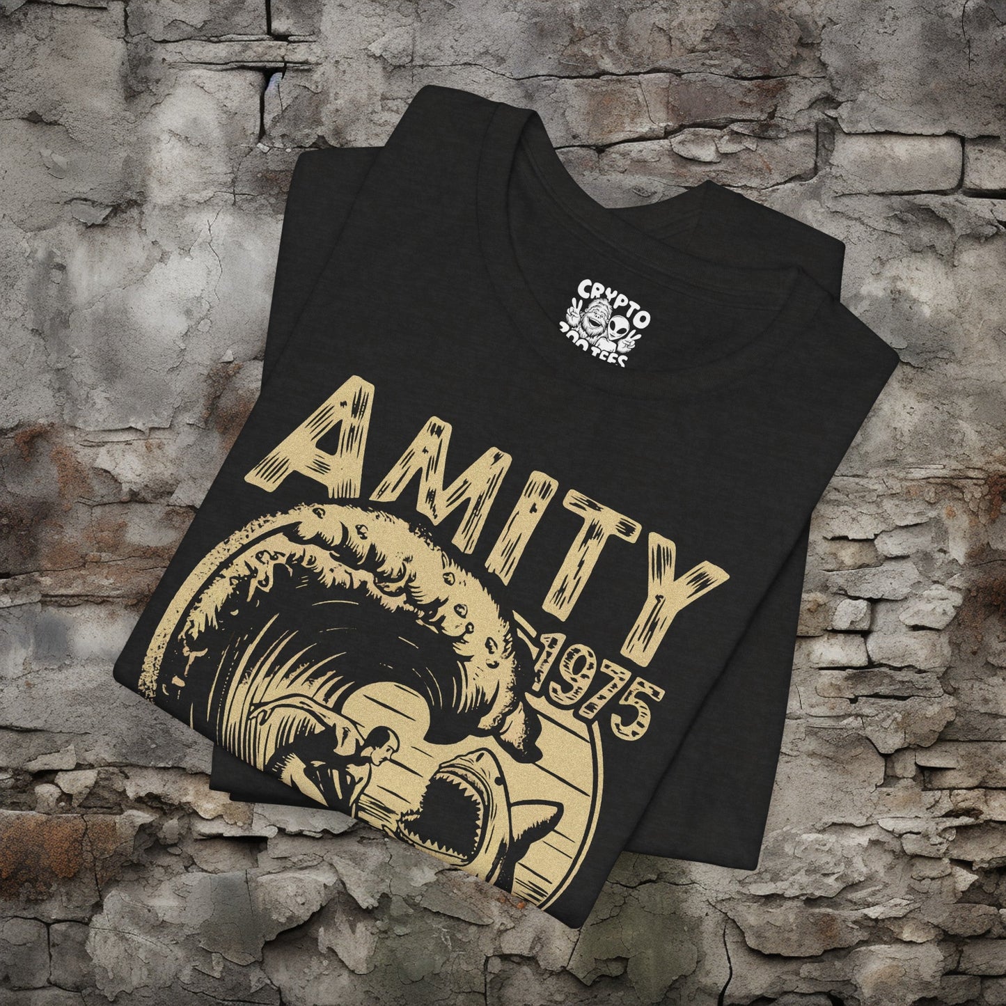 T-Shirt - Amity 1975 Surfer and Shark Jaws Tee | Bella + Canvas Unisex T-shirt from Crypto Zoo Tees