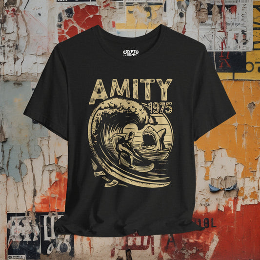 T-Shirt - Amity 1975 Surfer and Shark Jaws Tee | Bella + Canvas Unisex T-shirt from Crypto Zoo Tees