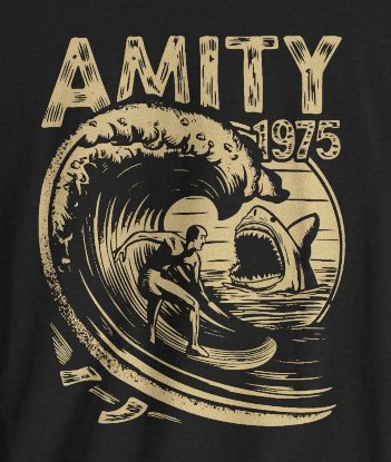 T-Shirt - Amity 1975 Surfer and Shark Jaws Tee | Bella + Canvas Unisex T-shirt from Crypto Zoo Tees