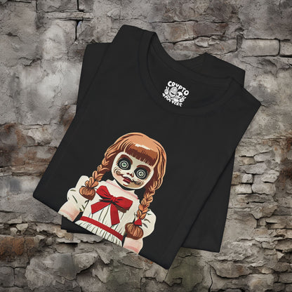 T-Shirt - Annabelle Doll Tee - Creepy Doll T-Shirt, Horror Movie Graphic Tee, Unisex Scary Shirt, Retro Pop Culture Gift, Unique Halloween Tee from Crypto Zoo Tees