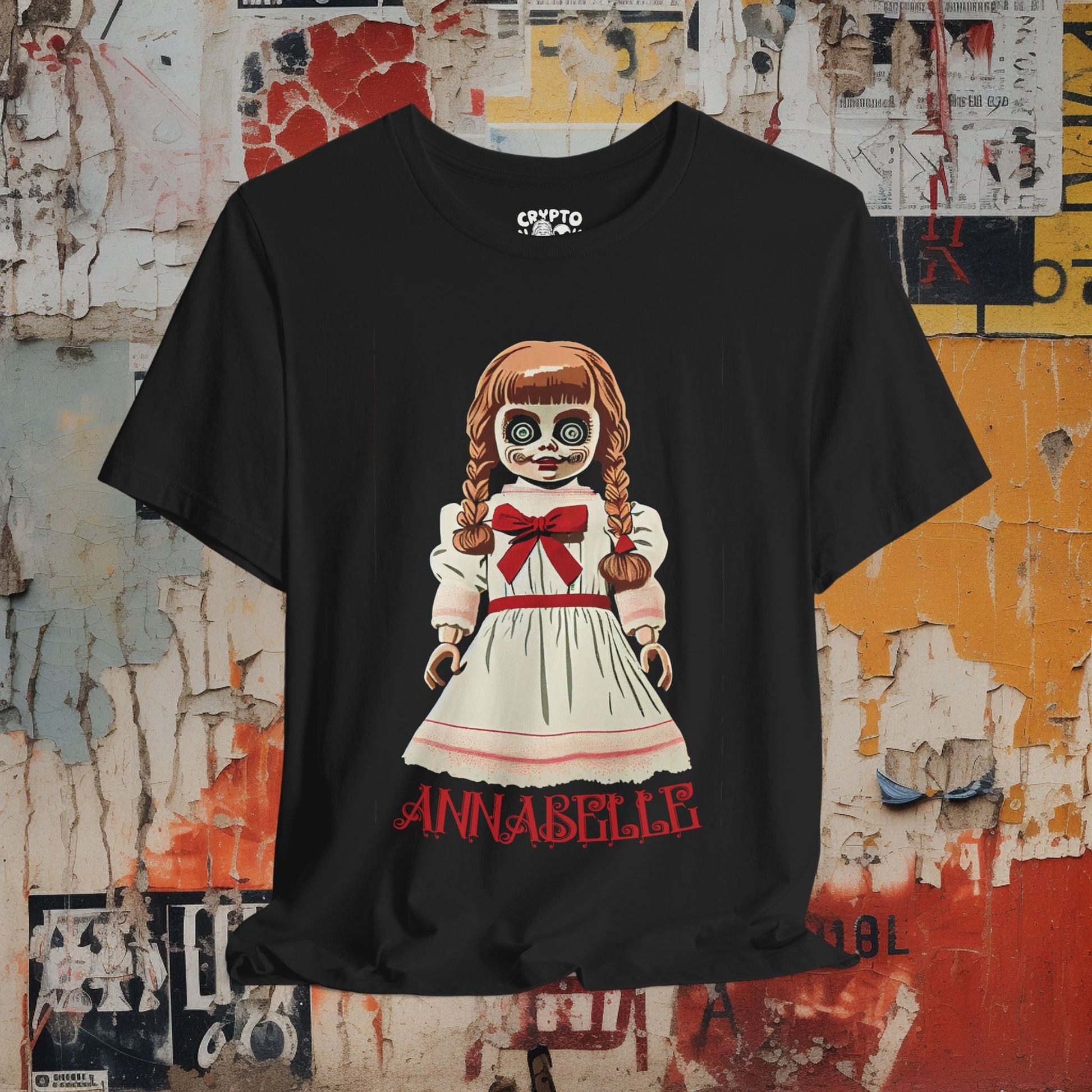 T-Shirt - Annabelle Doll Tee - Creepy Doll T-Shirt, Horror Movie Graphic Tee, Unisex Scary Shirt, Retro Pop Culture Gift, Unique Halloween Tee from Crypto Zoo Tees