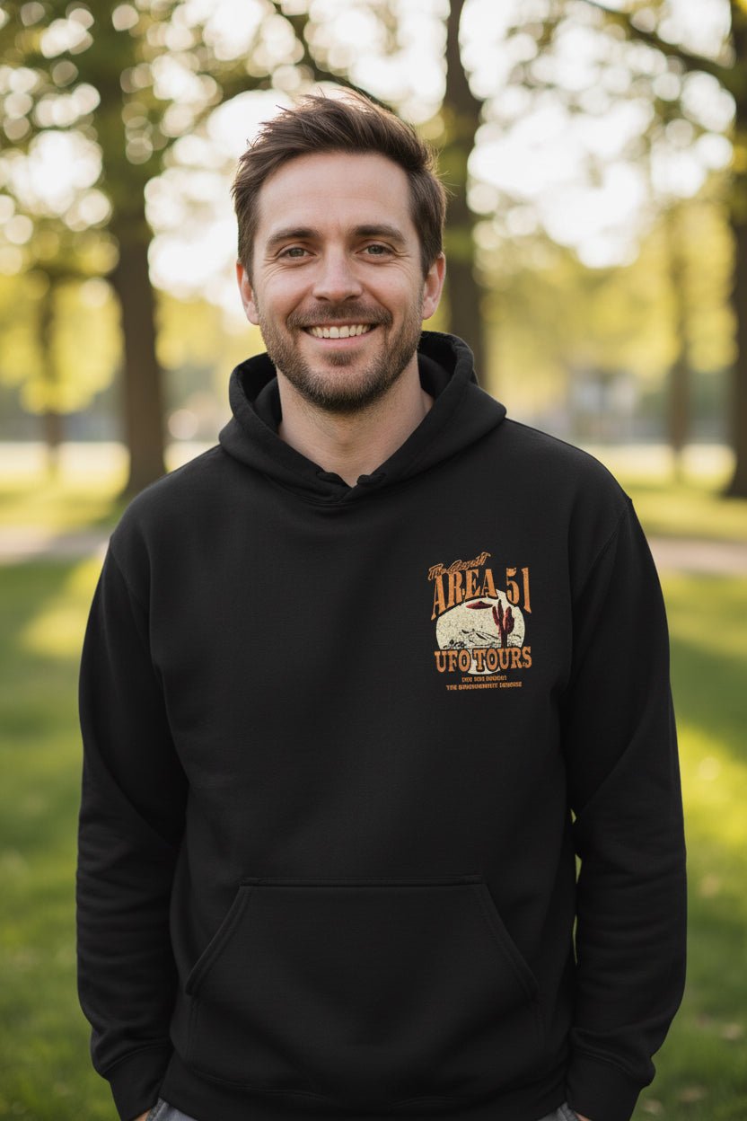 Hoodie - Area 51 UFO Tours 2 Sided Hoodie | Alien & UFO | Unisex Pullover Hoodie - Gildan from Crypto Zoo Tees