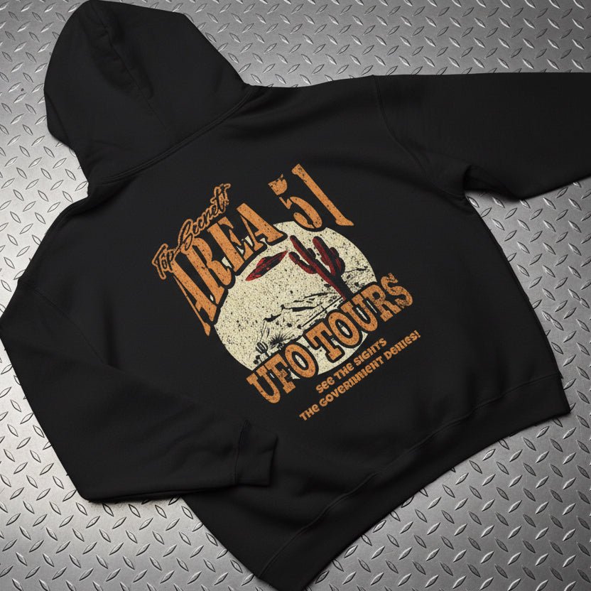 Hoodie - Area 51 UFO Tours 2 Sided Hoodie | Alien & UFO | Unisex Pullover Hoodie - Gildan from Crypto Zoo Tees