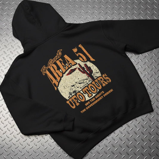 Hoodie - Area 51 UFO Tours 2 Sided Hoodie | Alien & UFO | Unisex Pullover Hoodie - Gildan from Crypto Zoo Tees