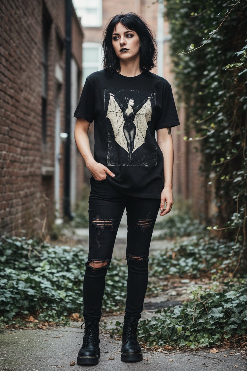 T-Shirt - Bat Lady Goth Shirt | Unisex Heavy Cotton - Gildan 5000 | Bats, Halloween | Goth/Gothic from Crypto Zoo Tees