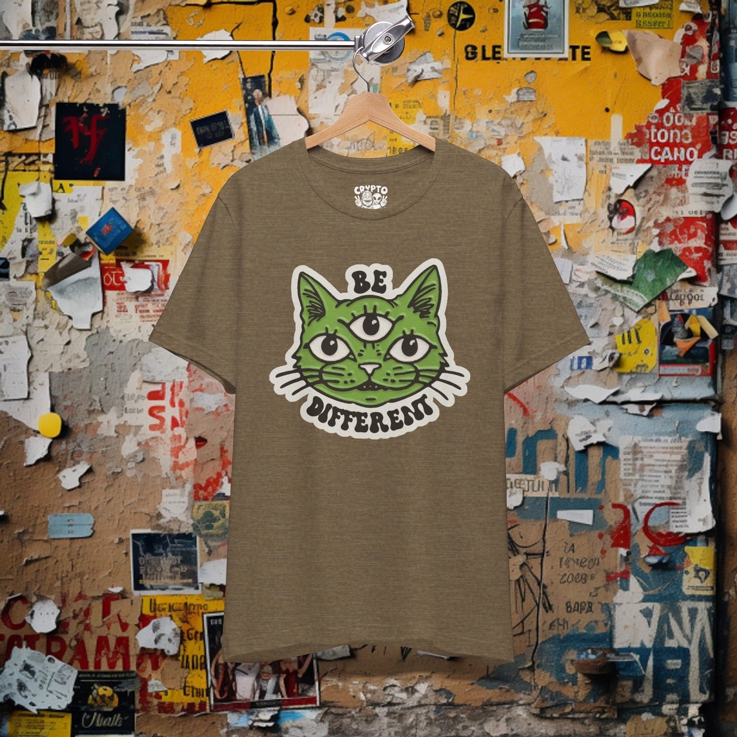 T-Shirt - Be Different Three Eyed Cat OLIVE | Bella + Canvas Unisex T-shirt from Crypto Zoo Tees