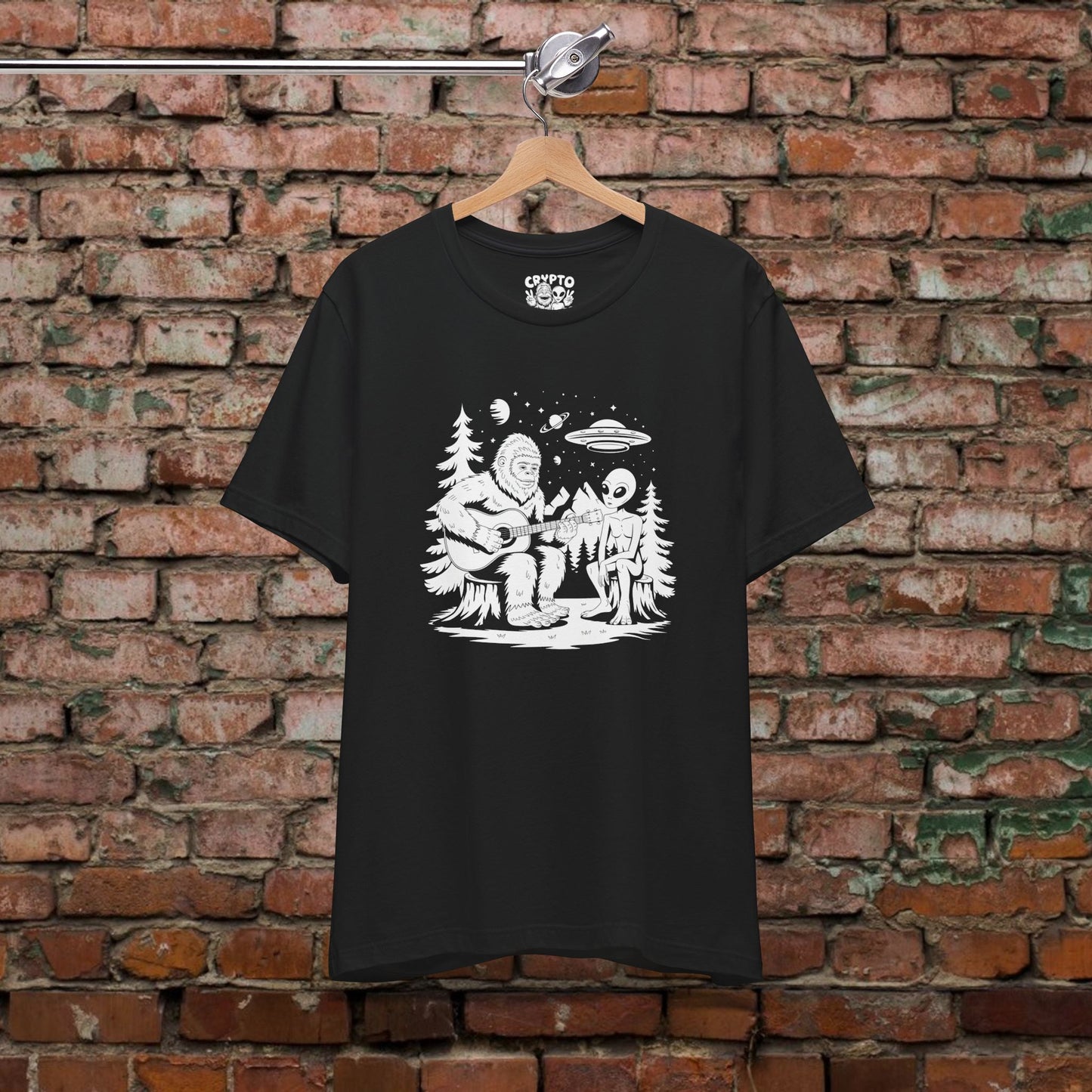 T-Shirt - Bigfoot & Alien Camping | Unisex T-shirt | Bigfoot, Alien & UFO | Funny, Music from Crypto Zoo Tees