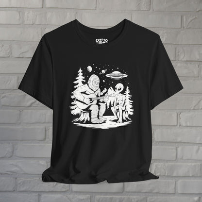 T-Shirt - Bigfoot & Alien Camping | Unisex T-shirt | Bigfoot, Alien & UFO | Funny, Music from Crypto Zoo Tees