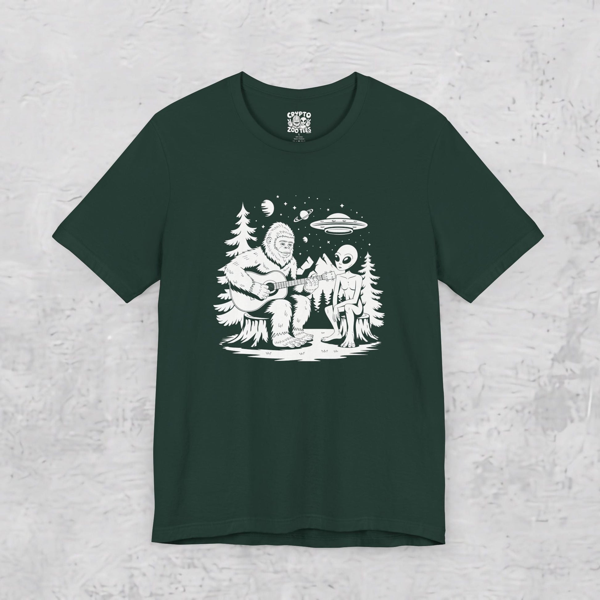 T-Shirt - Bigfoot & Alien Camping | Unisex T-shirt | Bigfoot, Alien & UFO | Funny, Music from Crypto Zoo Tees