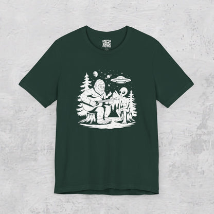 T-Shirt - Bigfoot & Alien Camping | Unisex T-shirt | Bigfoot, Alien & UFO | Funny, Music from Crypto Zoo Tees