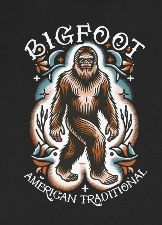 Long-sleeve - Bigfoot American Traditional Old School Tattoo Style Long Sleeve Shirt | Mythical Creature Design | Explorer’s Apparel from Crypto Zoo Tees