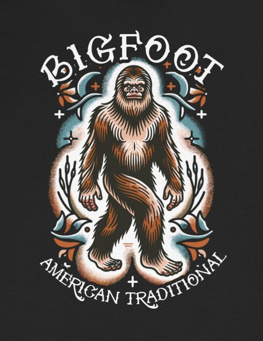 T-Shirt - Bigfoot American Traditional Shirt - Soft Cotton T-Shirt - Sasquatch Old School Tattoo Tee from Crypto Zoo Tees