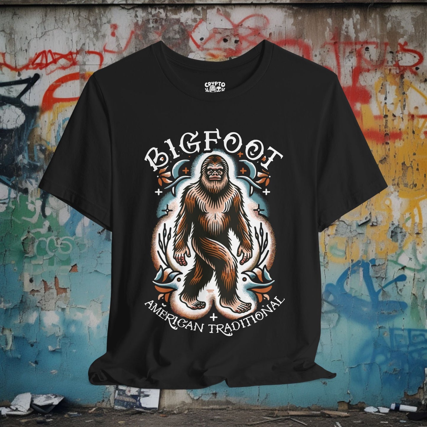 T-Shirt - Bigfoot American Traditional Shirt - Soft Cotton T-Shirt - Sasquatch Old School Tattoo Tee from Crypto Zoo Tees