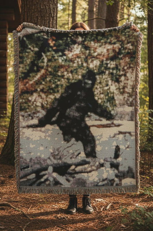 Home Decor - Bigfoot Blanket | Patterson Gimlin Photo | Woven Cotton Throw | Bigfoot, Cryptids from Crypto Zoo Tees