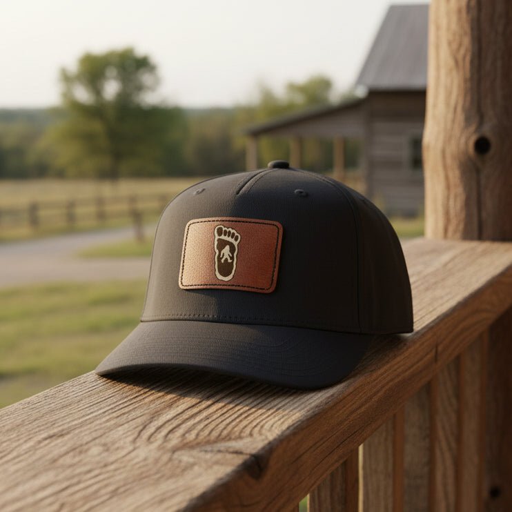 Hats - Bigfoot Hat | Embroidered Leather Patch Cap | Bigfoot, Cryptids from Crypto Zoo Tees