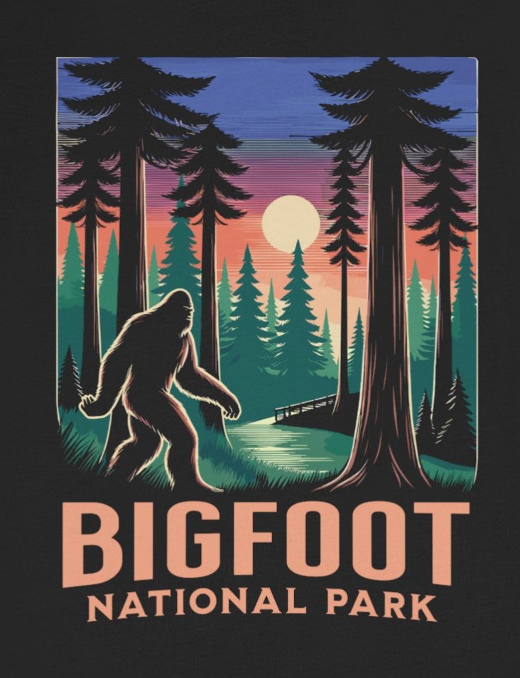 T-Shirt - Bigfoot National Park Shirt: Soft-Cotton T-shirt - Cryptid Sasquatch Tee from Crypto Zoo Tees