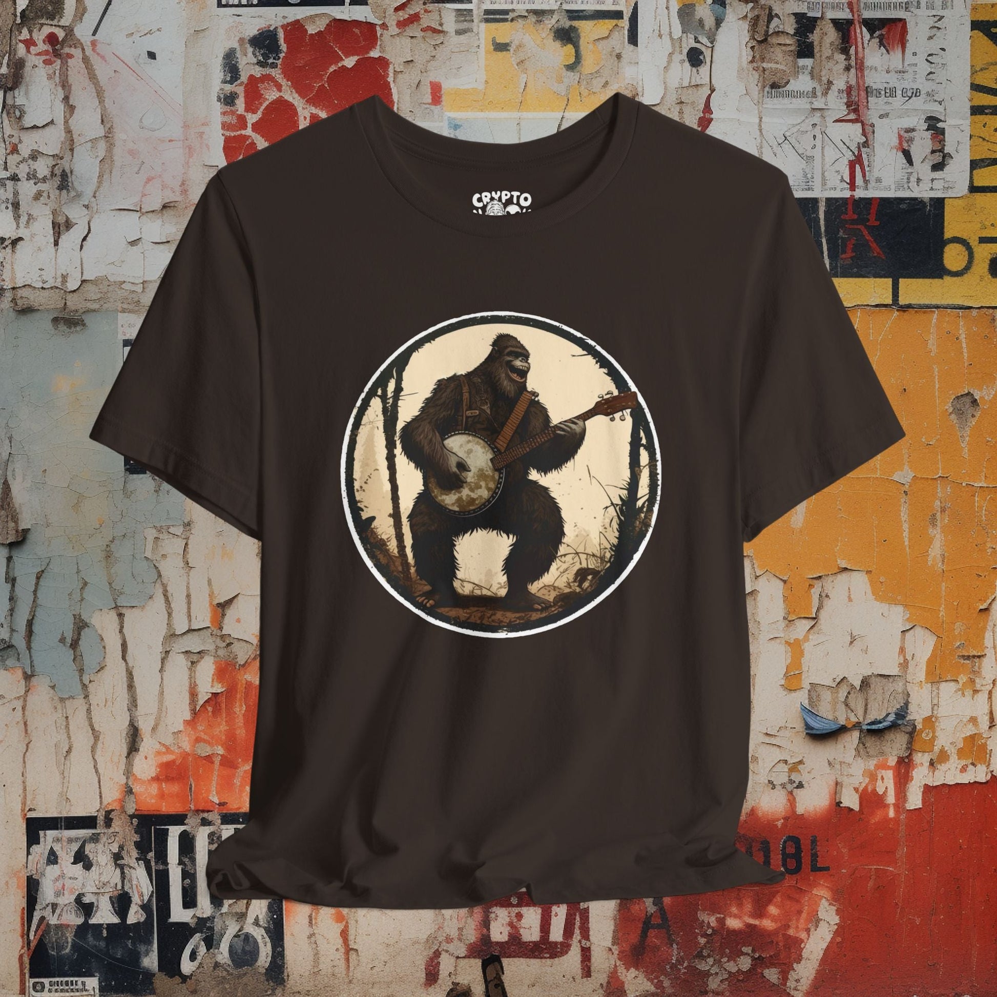 T-Shirt - Bigfoot on Banjo Tee - Funny Cryptid Graphic T-Shirt, Retro Music Lover Tee, Unisex Quirky Gift, Unique Bigfoot Playing Banjo Design from Crypto Zoo Tees