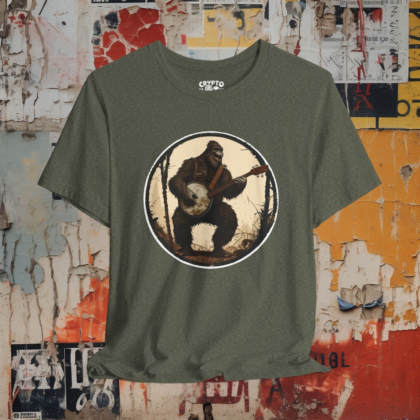 T-Shirt - Bigfoot on Banjo Tee - Funny Cryptid Graphic T-Shirt, Retro Music Lover Tee, Unisex Quirky Gift, Unique Bigfoot Playing Banjo Design from Crypto Zoo Tees