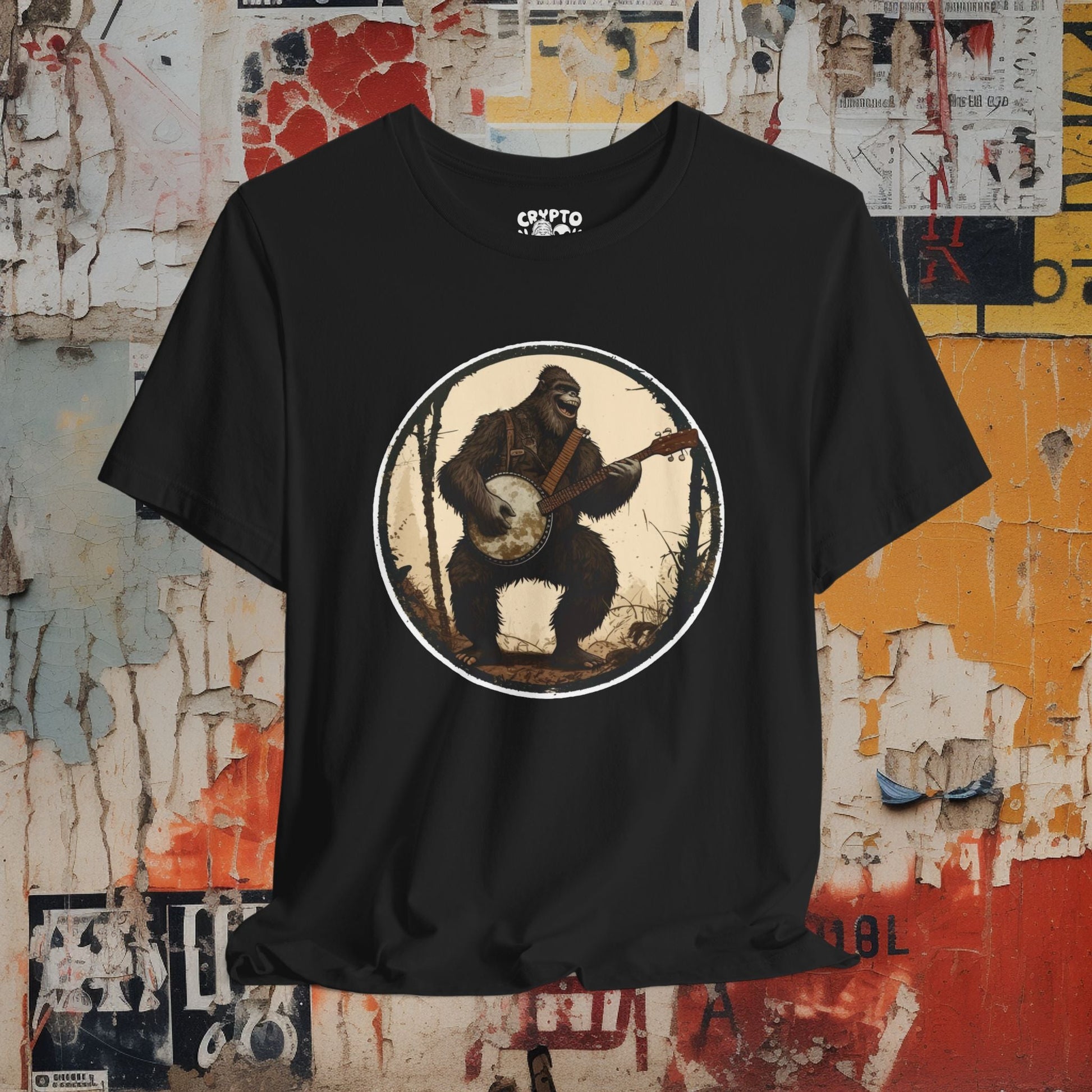 T-Shirt - Bigfoot on Banjo Tee - Funny Cryptid Graphic T-Shirt, Retro Music Lover Tee, Unisex Quirky Gift, Unique Bigfoot Playing Banjo Design from Crypto Zoo Tees