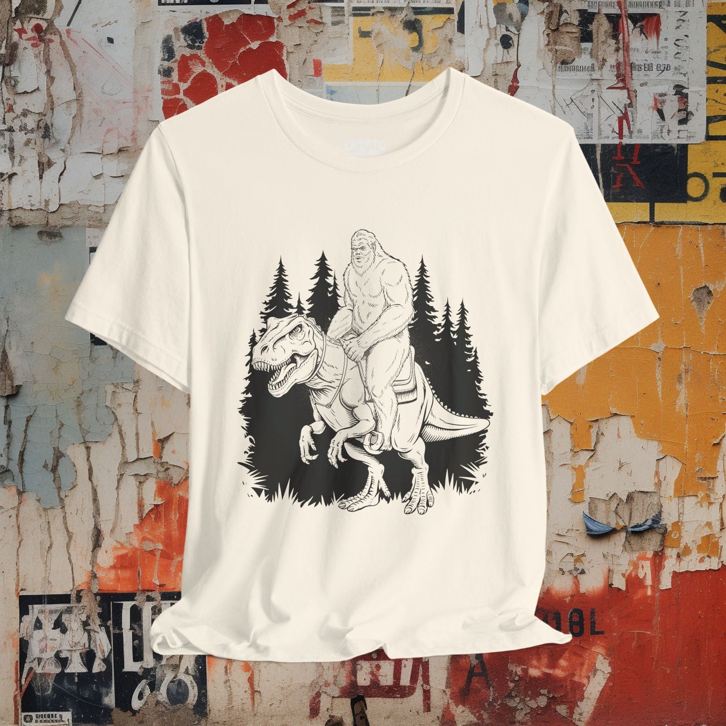 T-Shirt - BIGFOOT on dinosaur Bella + Canvas Unisex T-shirt from Crypto Zoo Tees