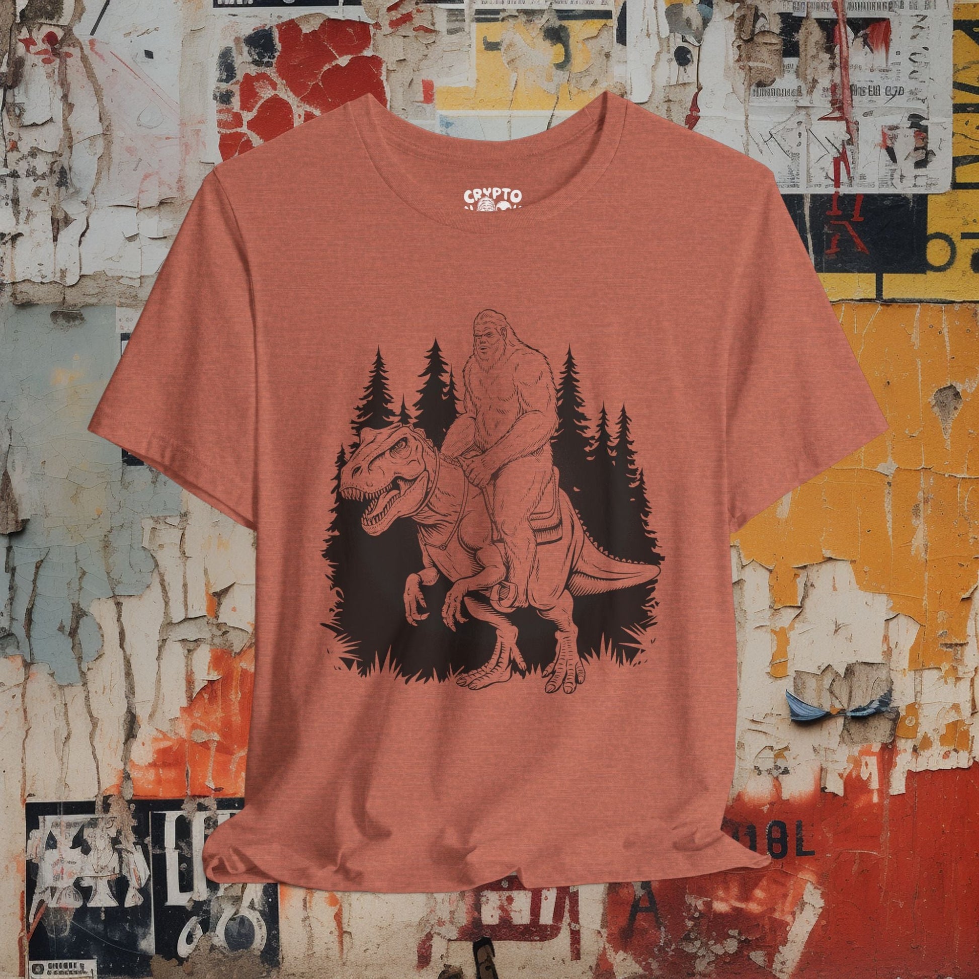 T-Shirt - BIGFOOT on dinosaur Bella + Canvas Unisex T-shirt from Crypto Zoo Tees