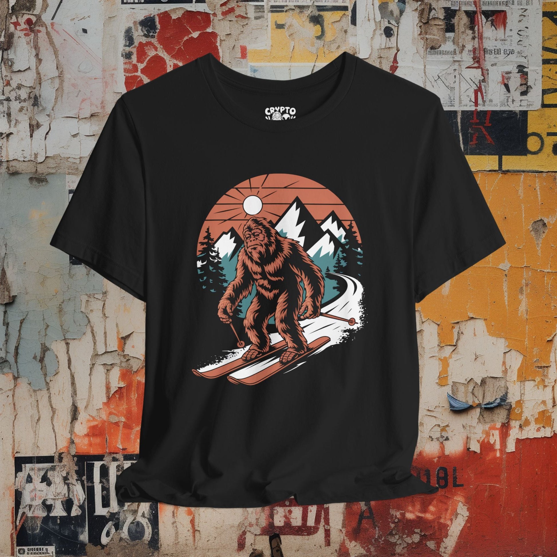 T-Shirt - Bigfoot on Skis | Unisex T-shirt | Cryptids, Winter Sports | Funny from Crypto Zoo Tees