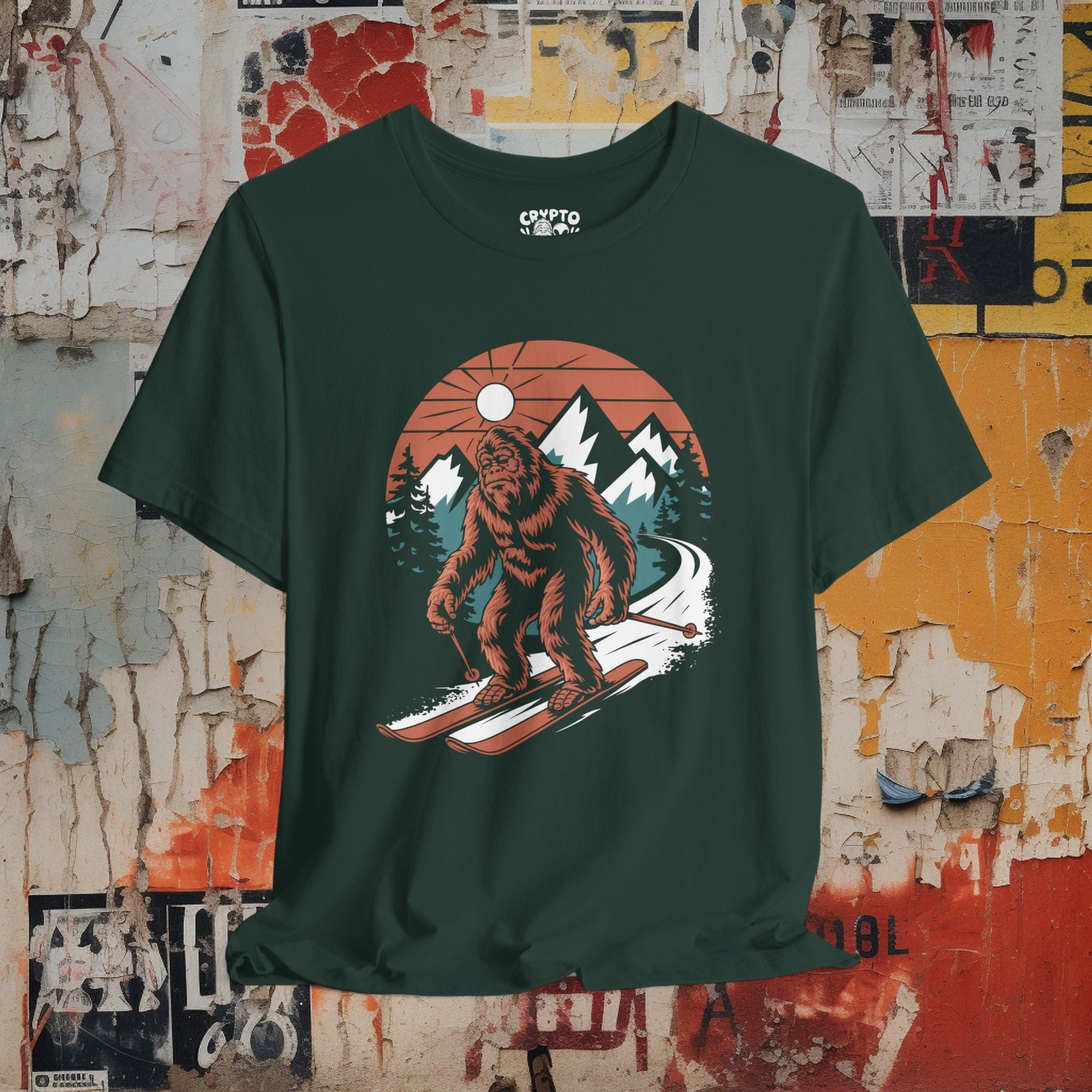 T-Shirt - Bigfoot on Skis | Unisex T-shirt | Cryptids, Winter Sports | Funny from Crypto Zoo Tees